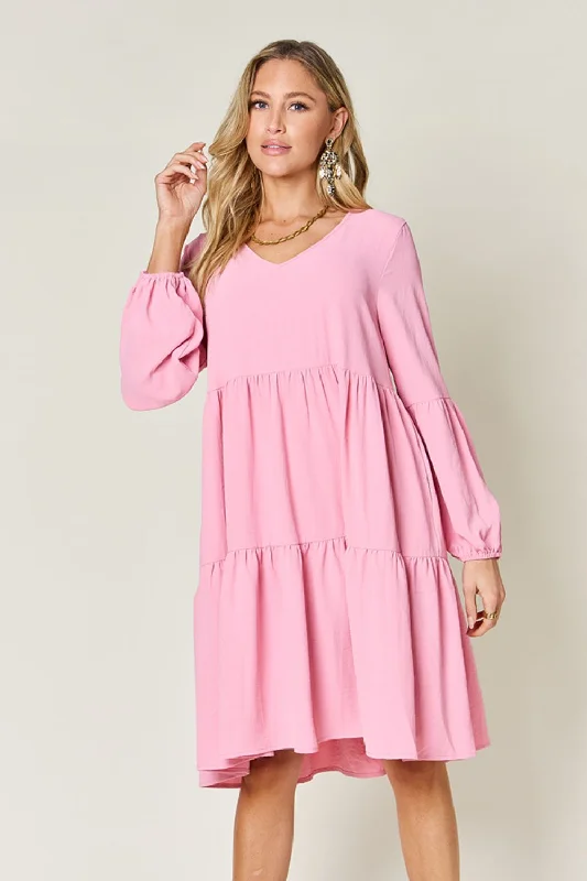 Trendy Fashion For Women Double Take Full Size V-Neck Balloon Sleeve Tiered Dress with Pockets