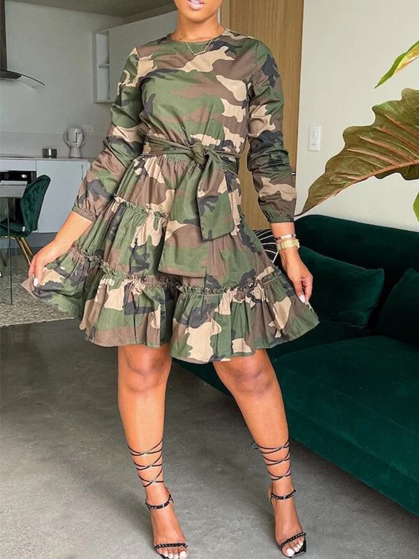 Imeless Style Motionkiller Camo Tied Ruffle Dress