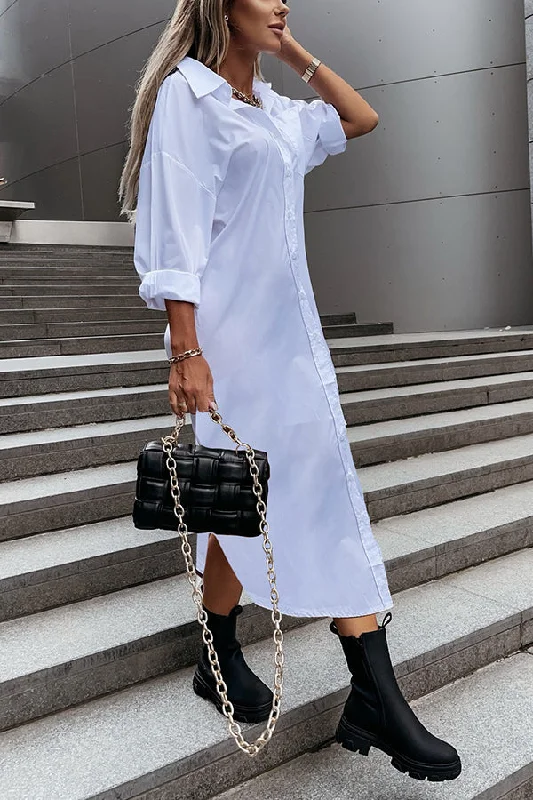 Casual Outfit For Women Solid Color Casual Long-sleeved Shirt-style Loose Mid-length Dress Casual Outfit For Women Solid Color Casual Long-sleeved Shirt-style Loose Mid-length Dress