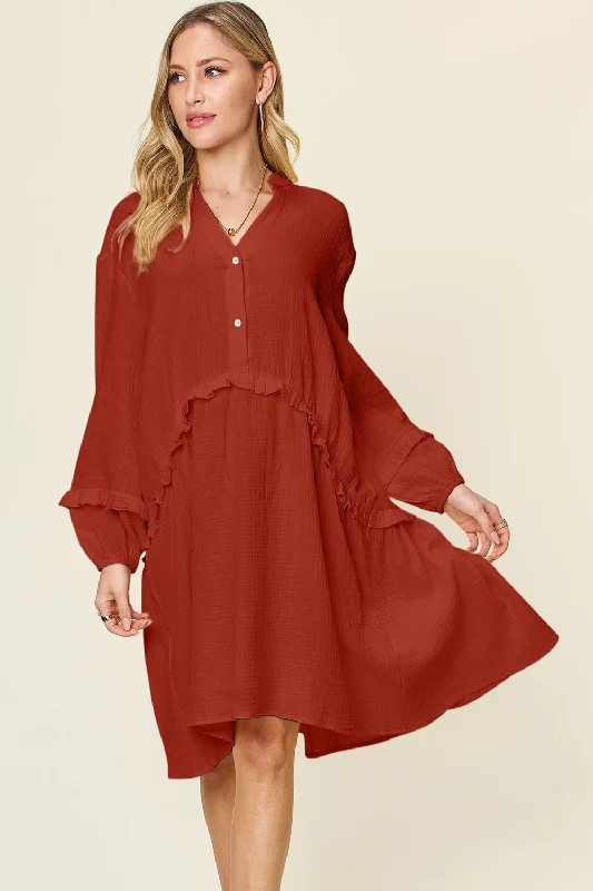 Stylish And Comfortable Clothing For Women Double Take Full Size Texture Half Button Ruffle Trim Dress