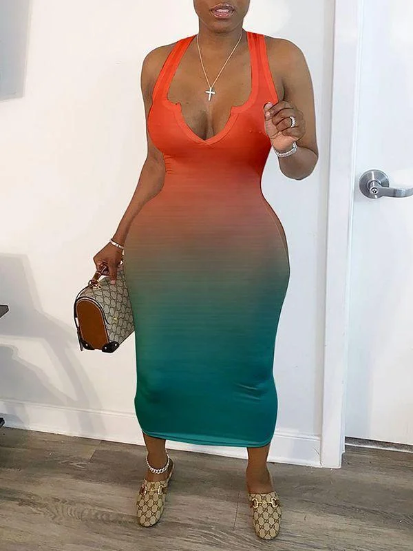 Women's Stylish Professional Garments V-Neck Gradient Dress