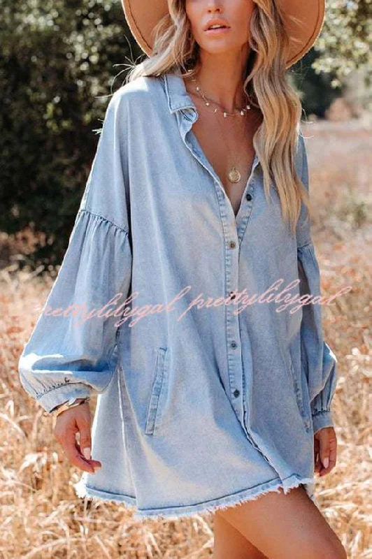 Vibrant Styles Madden Pocketed Chambray Button Down Denim Tunic Dress