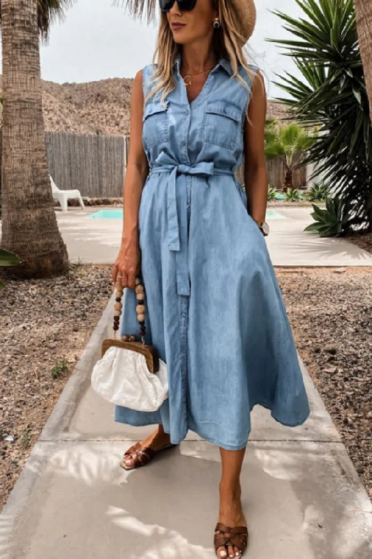 Relaxed Fashion Ralphy Pocketed Distressed Denim Tie Dress