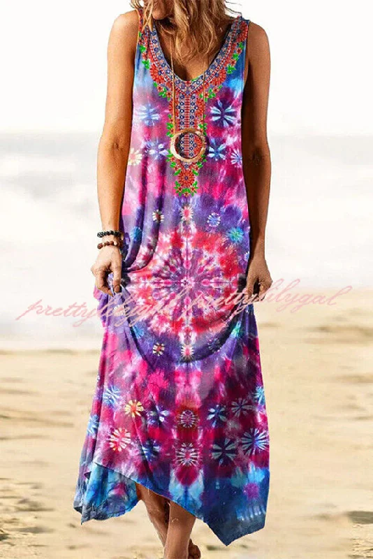 Women's Occasion Wear Clothes Play In Paradise Tie-dye Print Loose Tank Mid Dress