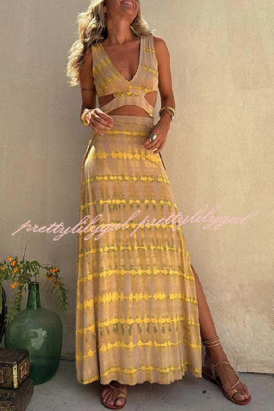 Women's Clothes For The Office Eleanor Tie-dye Print Cutout Design Slit Stretch Dress Women's Clothes For The Office Eleanor Tie-dye Print Cutout Design Slit Stretch Dress