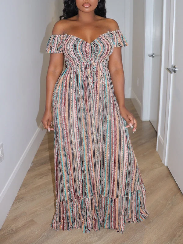 Elegant Styles Stripe Off-Shoulder Dress