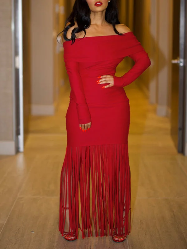 Plus Size Women's Fashion Motionkiller Off-Shoulder Fringe Dress