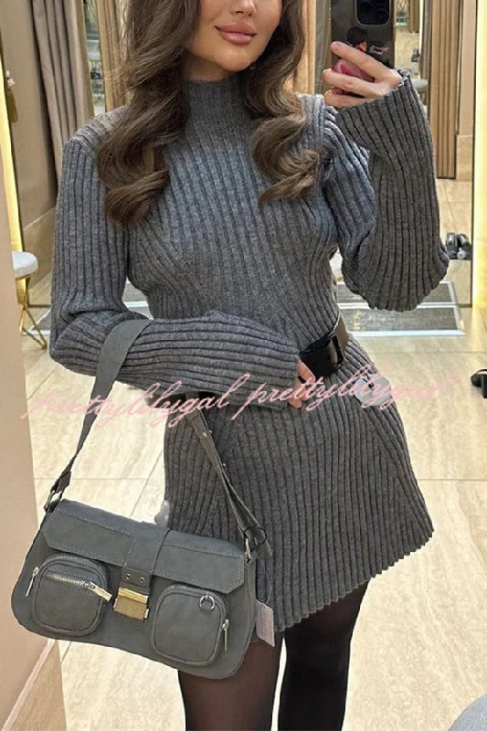 Trendy Women's Fashion Beautiful Basic Ribbed Knit Long Slit Sleeve Flare Stretch Dress Trendy Women's Fashion Beautiful Basic Ribbed Knit Long Slit Sleeve Flare Stretch Dress