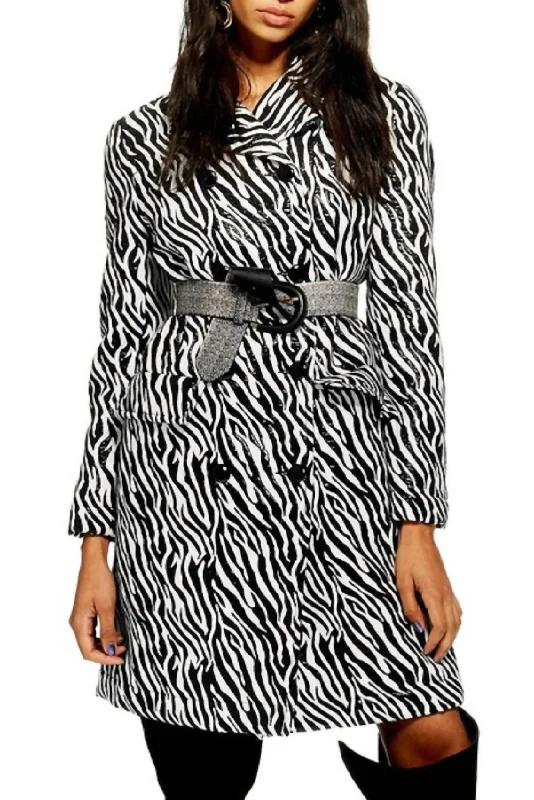 Women's Clothing For Outdoor Events Zebra Print Double Breasted Shimmer Coat In Black/white