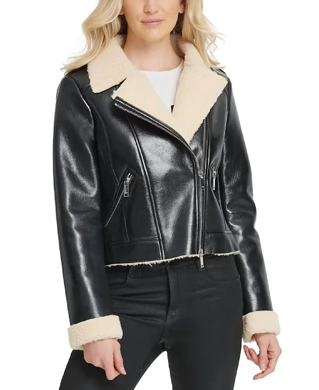 Women's Evening Clothing Faux Shearling Motorcycle Jacket In Black