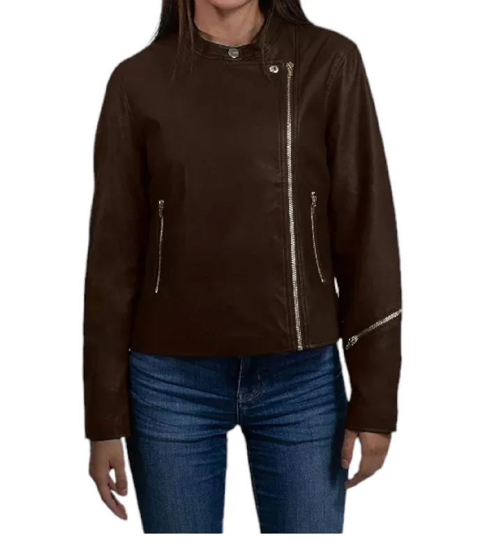 Fashion-Forward Women's Clothing Synthetic Leather Biker Jacket In Brown