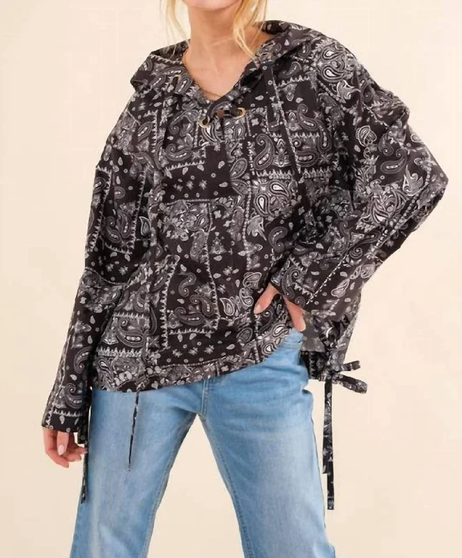 Women's Resort Garments Lace Up Pullover Windbreaker Jacket In Black, White