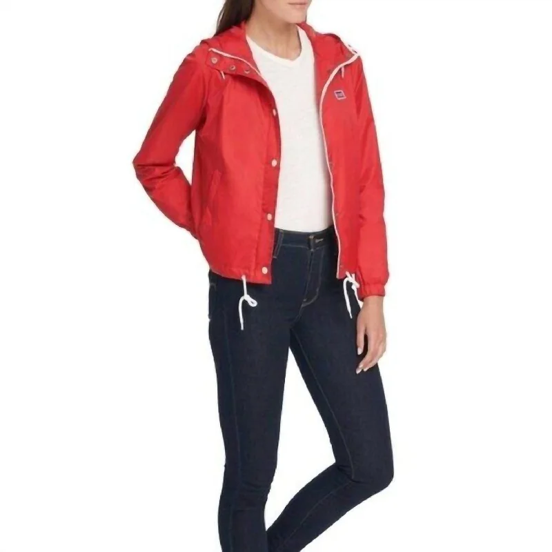 Women's Evening Apparel Nylon Windbreaker Hooded Zip Up Rain Jacket In Red