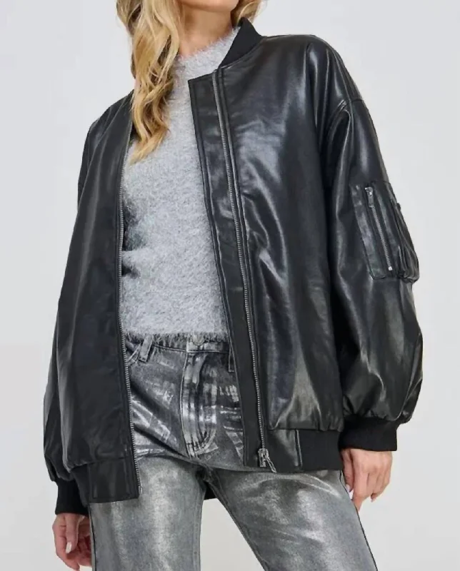 Unmissable Discounts On The Latest Fashion Trends Zip Up Pockets Pu Faux Leather Bomber Jacket In Black