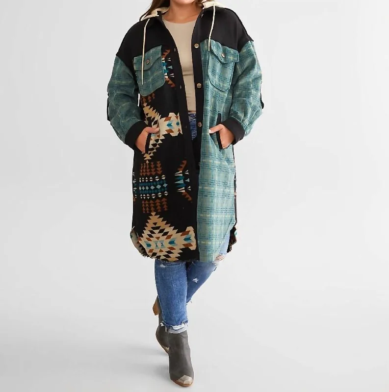 Women's Date Night Outfit Oversized Aztec Hooded Jacket In Jade Green