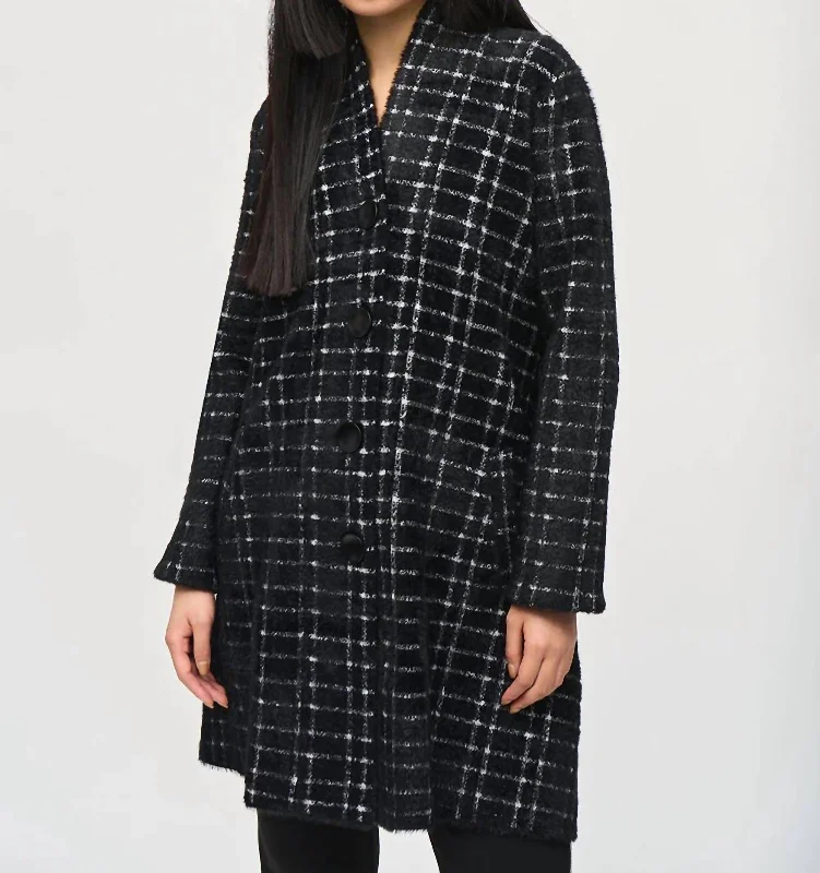 Women's Chic Apparel Plaid Feather Yarn Sweater Coat In Black/white