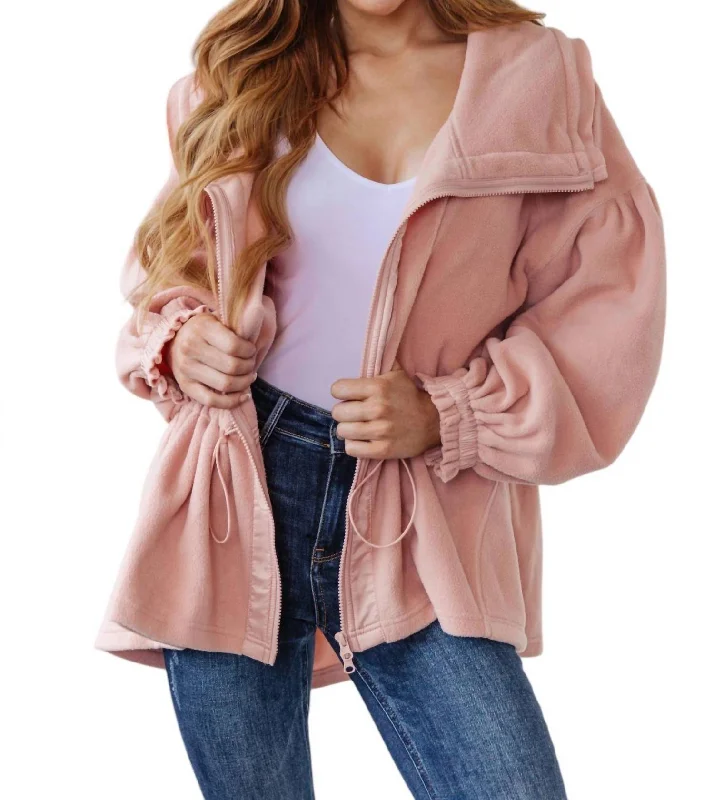 Stylish Outerwear Clothing For Women Zipped And Cinched Zip Up Jacket In Pink