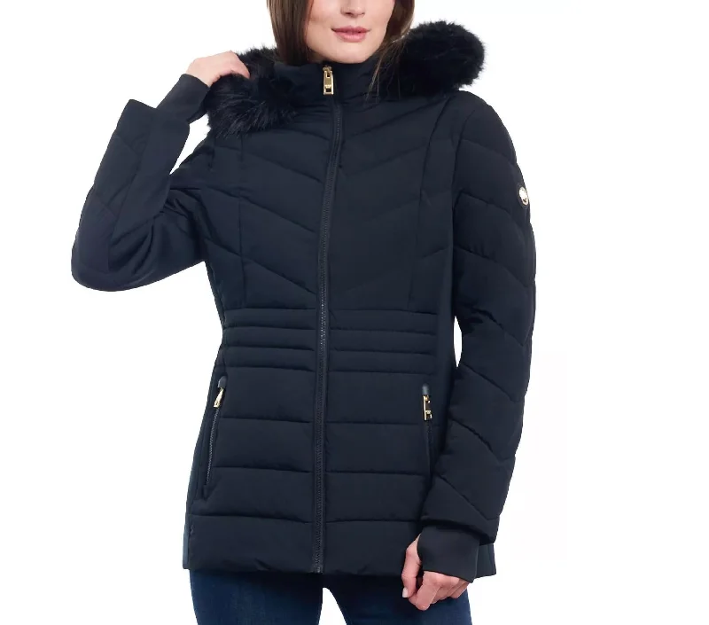 Charming Women's Holiday Apparel Women's Chevron Faux Fur Hooded Coat In Black