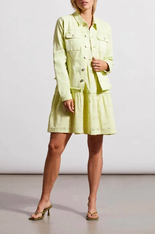 Women's Holiday Clothing Long Sleeves Button Front Jacket With Raw Edge Hem In Wildlime