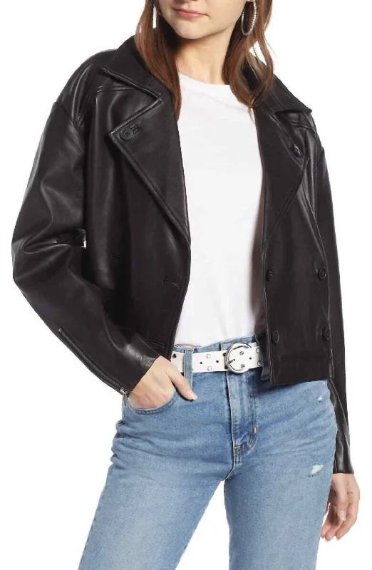 Women's Active Clothing Shrunken Double Breasted Crop Leather Jacket In Black