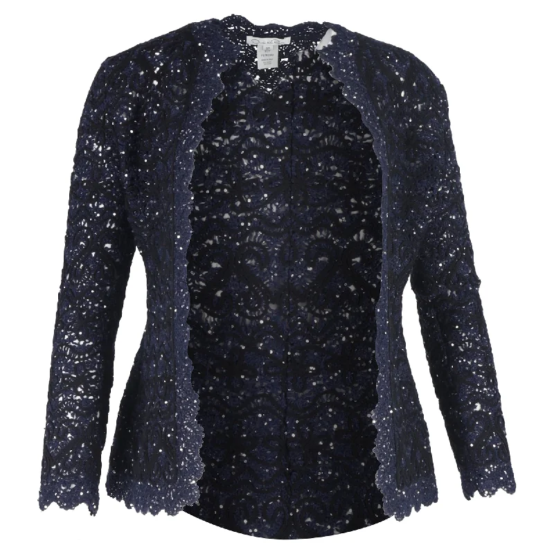 Women's Clothes For Work Oscar de la Renta Embroidered Sequin Jacket in Navy Blue Cotton