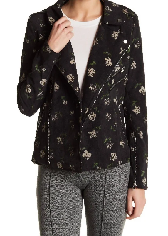 Women's Clothing For Holiday Travel Floral Moto Corduroy Jacket In Black