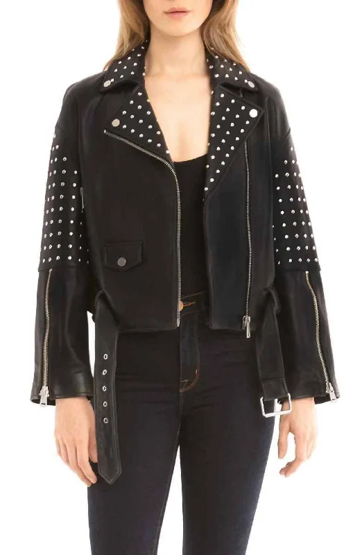 Stylish And Comfortable Clothing For Women Belted Studded Moto Biker Asymmetrical Leather Jacket In Black