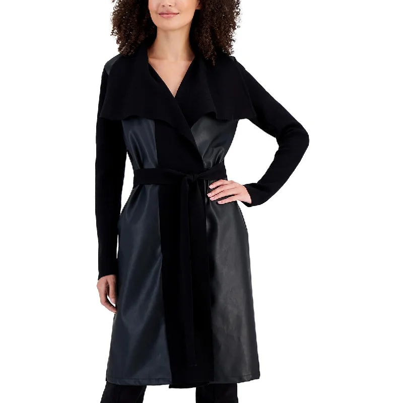 Women's Plus-Size Apparel Womens Faux Letaher Long Sleeves Wrap Coat