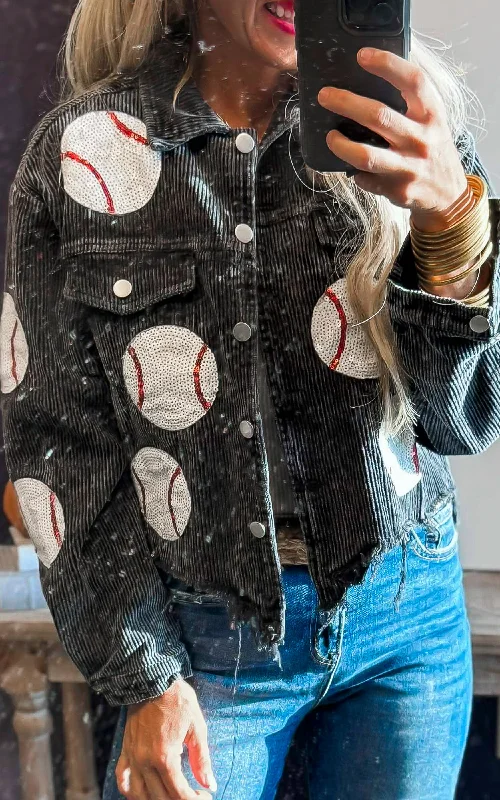 Women's Plus-Size Clothes Vintage Black Baseball Corduroy Jacket - Final Sale