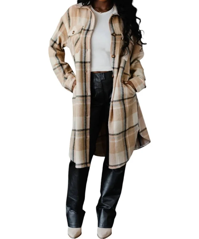 Women's Office Outfit Plaid Long Flannel Jacket In Tan/black/beige/grey