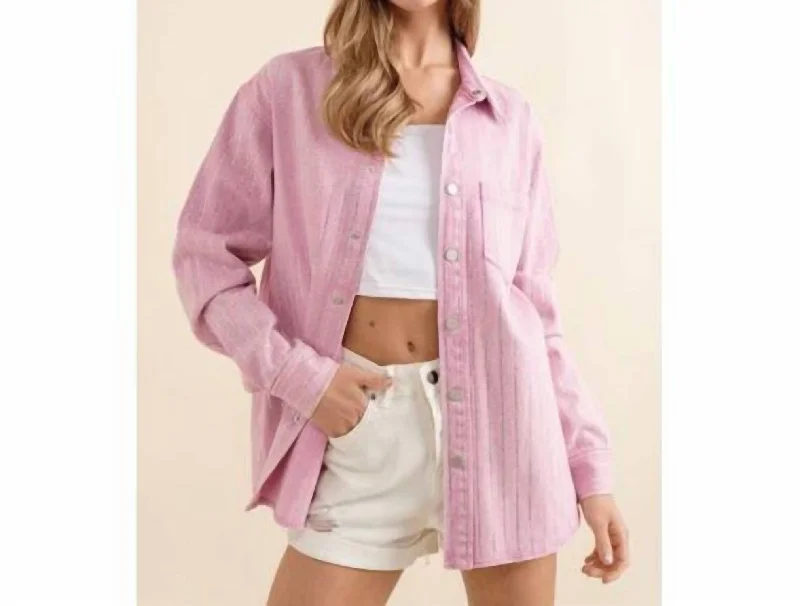 Women's Chic Outfit Rhinestone Pinstripe Denim Jacket In Pink