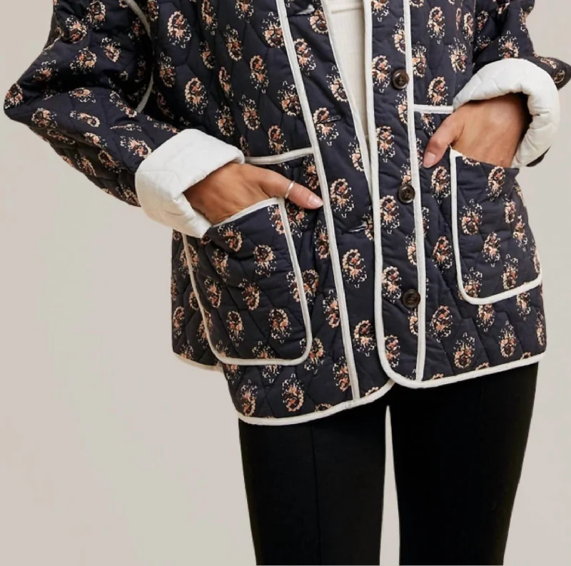 Big Discounts On Premium Fashion Collections Floral Quilted Jacket In Navy