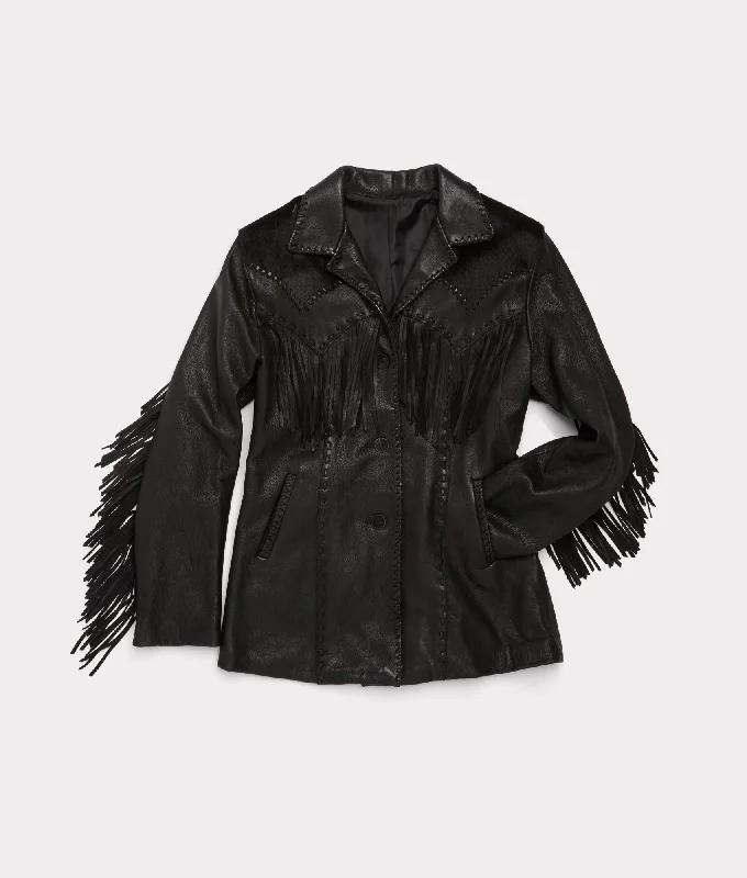 Women's Clothes And Apparel Sets Hair-On Yoke Fringe Jacket :: Black