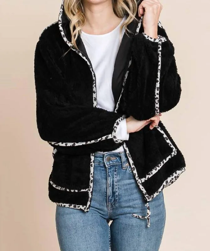 Women's Clothes For The Office Hoodie Contrast Binding Faux Fur Solid Jacket In Black