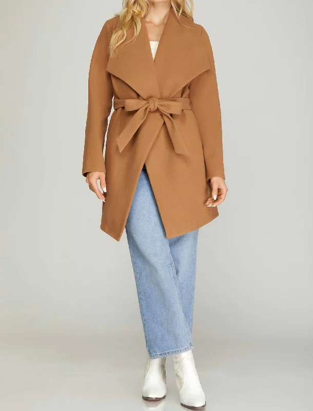 Stylish Women's Apparel Long Sleeve Open Front Wrap Coat In Camel