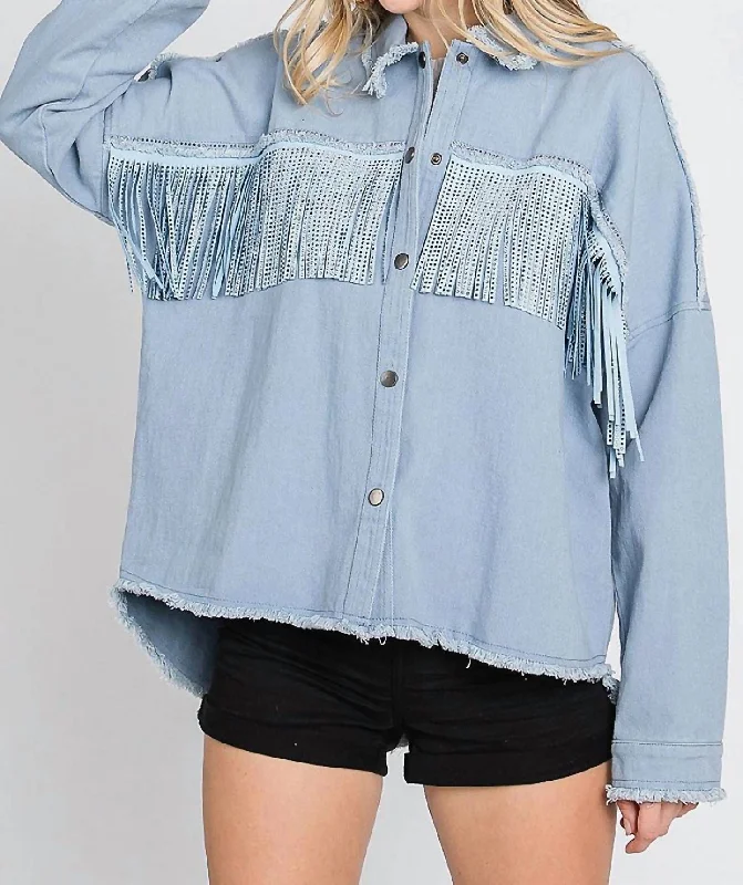 Women's Apparel Rhinestone Fringe Detail Shirt Jacket In Blue