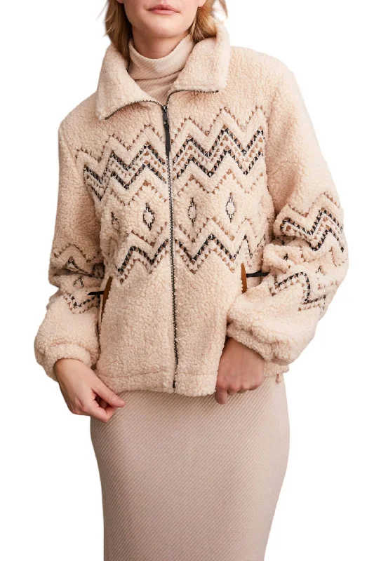 Women's Chic Apparel Lined Zip Up Jacket With Embroidery In Latte