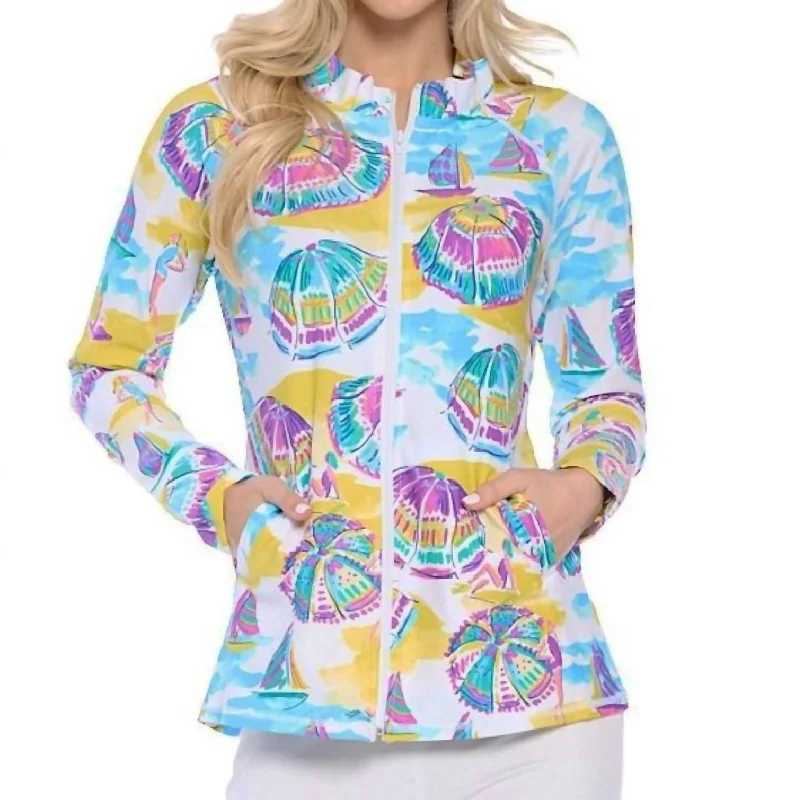 Women's Charming Outfit For Events Marcia Ruffle Neck Umbrella Print Zip Jacket In Multi/purple/blue