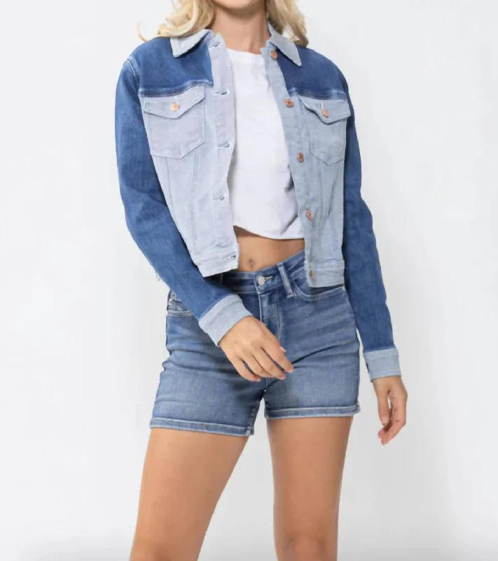 Affordable Women's Apparel Color Block Denim Jacket In Blue