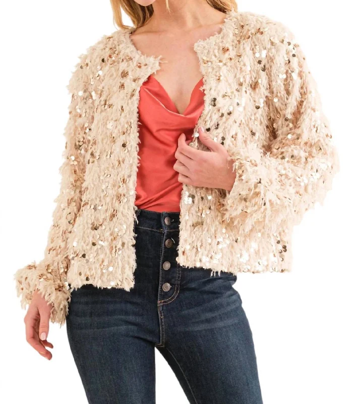 Women's Plus-Size Garments Get To You Sequin And Feather Jacket In Cream