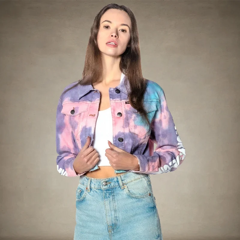 Trendy Outfits At Exclusive Discounts – Don't Miss Out Women's Rugrats Tie-Dye Frayed Crop Denim Jacket