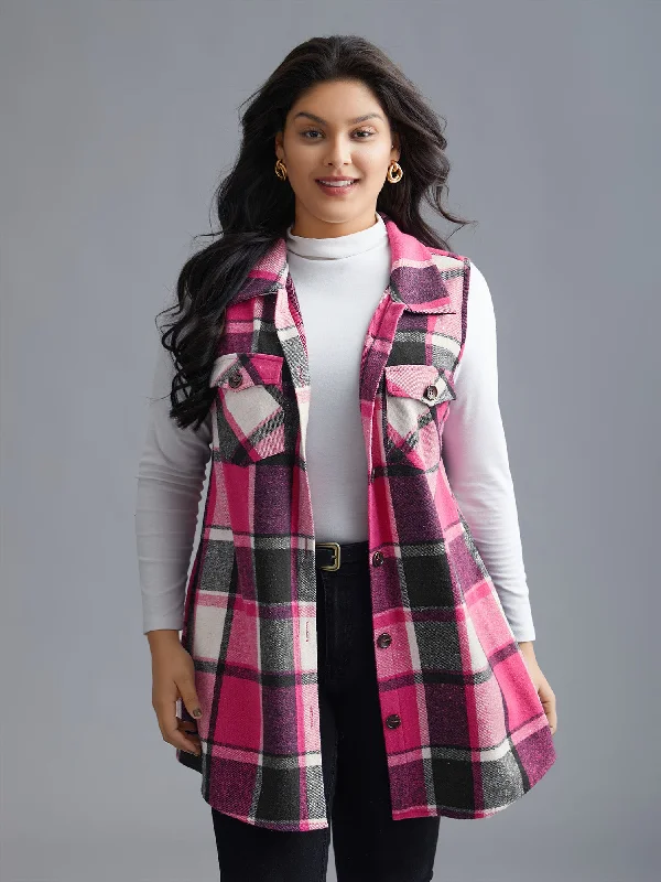 Women's Elegant Evening Outfit Plaid Flap Detail Sleeveless Jacket