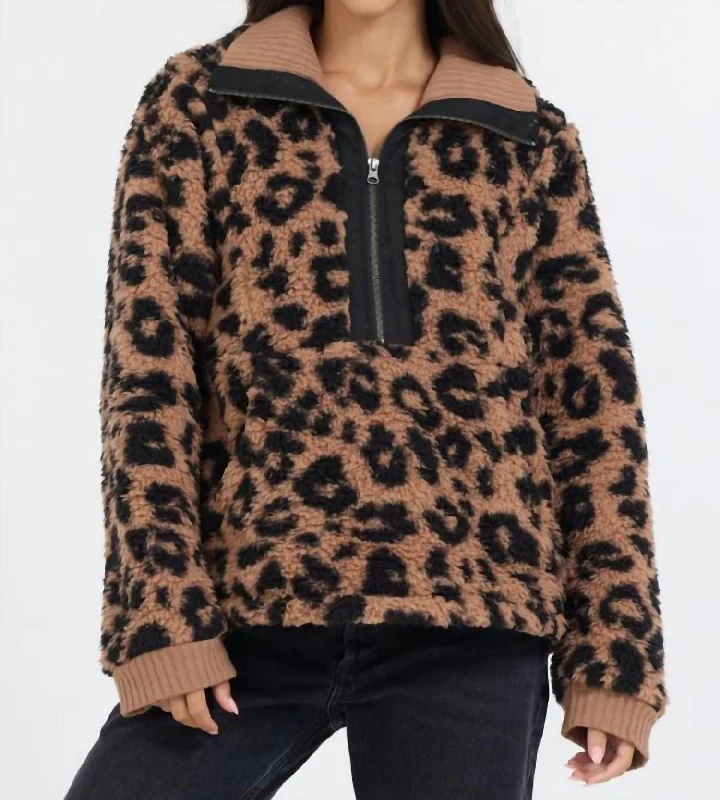 Women's Active Clothing Leopard Print Sherpa Quarter Zip Jacket