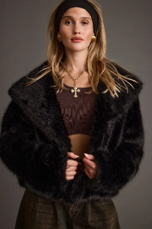 Affordable Women's Clothing Brielle Black Faux Fur Cropped Jacket