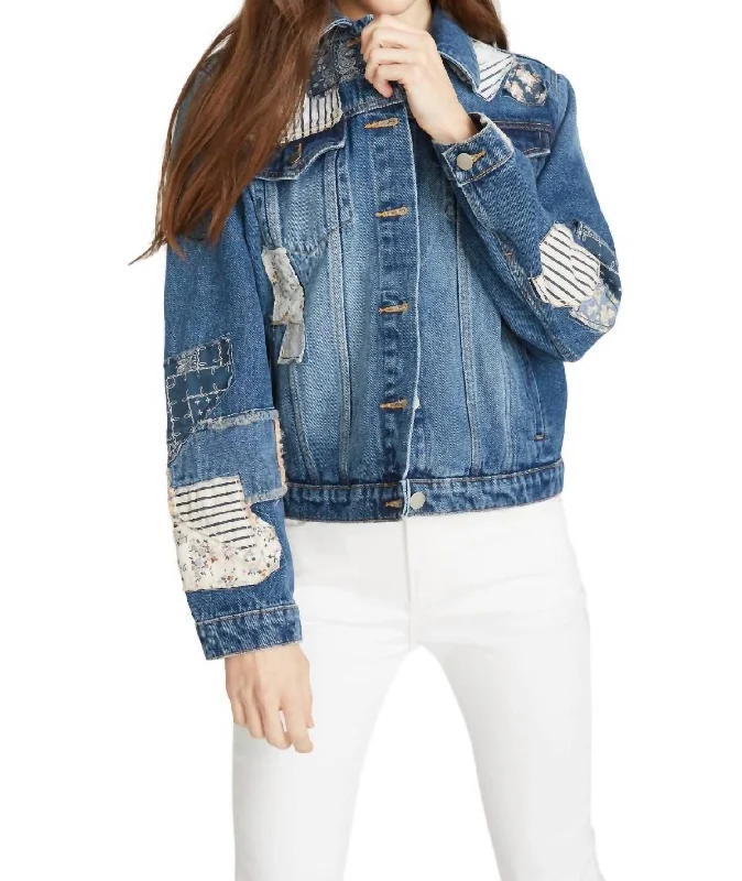 Women's Clothing For Holiday Travel Patched Up Denim Jacket In Med Wash