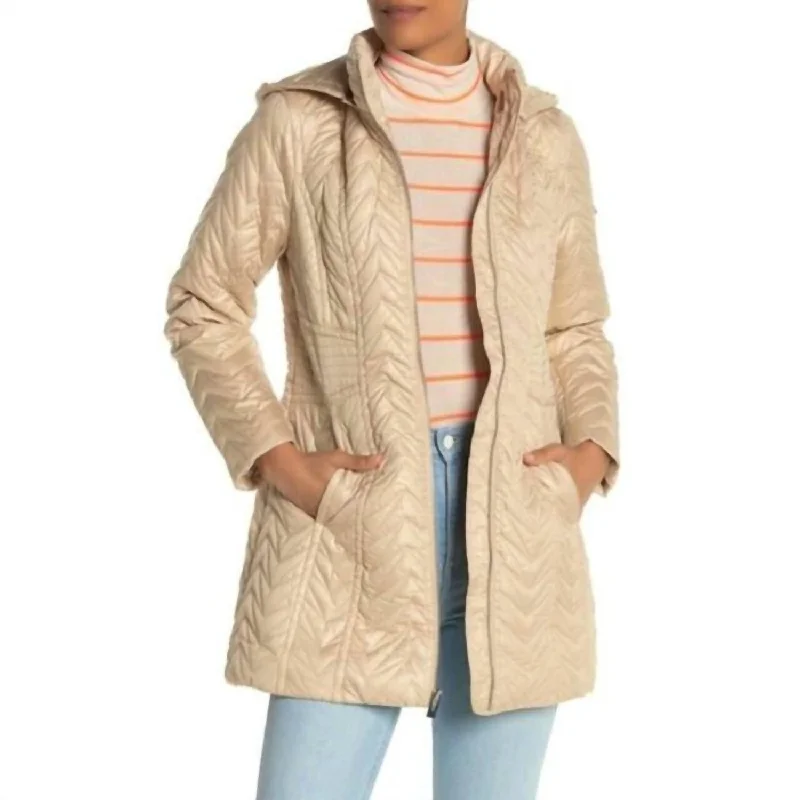 Shop Trendy And Timeless Outfits At Special Prices Zigzag Quilted Mid-Length Detachable Hood Puffer Jacket In Beige