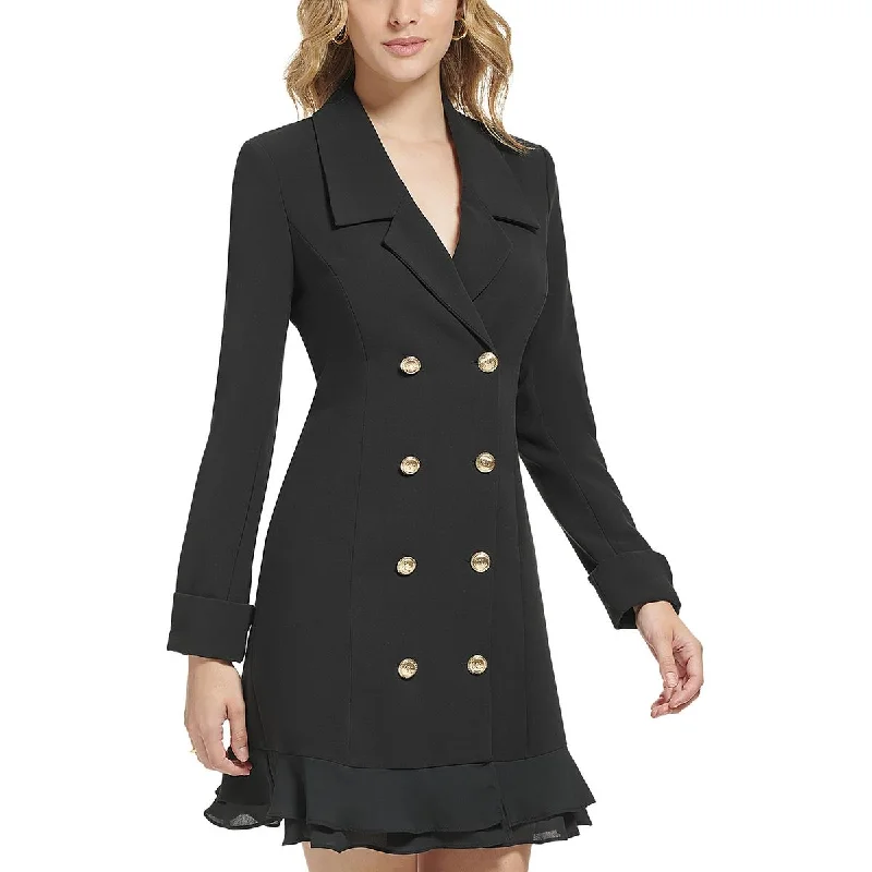 Plus-Size Women's Clothing Womens Ruffled Hem Collared Pea Coat