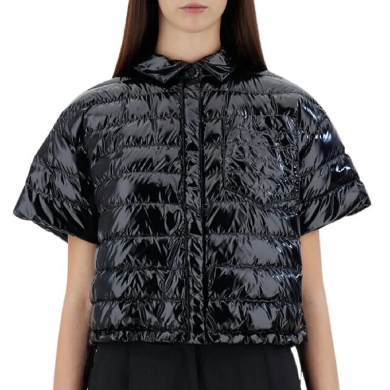 Women's Casual Apparel For Weekends Gloss Short Sleeve Bomber Jacket In Black