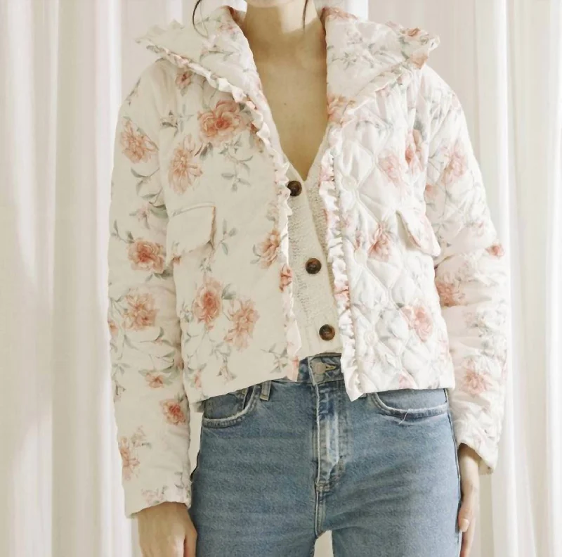 Women's Charming Outfit For Events Addie Pastel Rose Print Quilted Puffer Jacket In Blush Pink