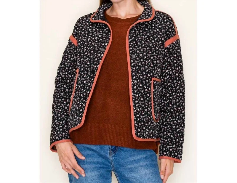 Stylish Women's Outfit Polar Collar Button Closure Floral Quilted Jacket In Black